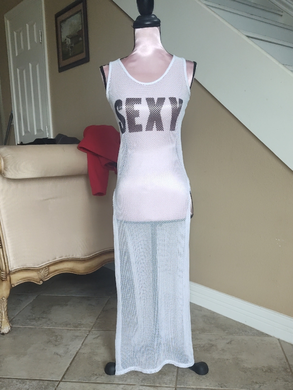 TRUE ROCK White Sheer Mesh Maxi Dress with 'SEXY' Graphic